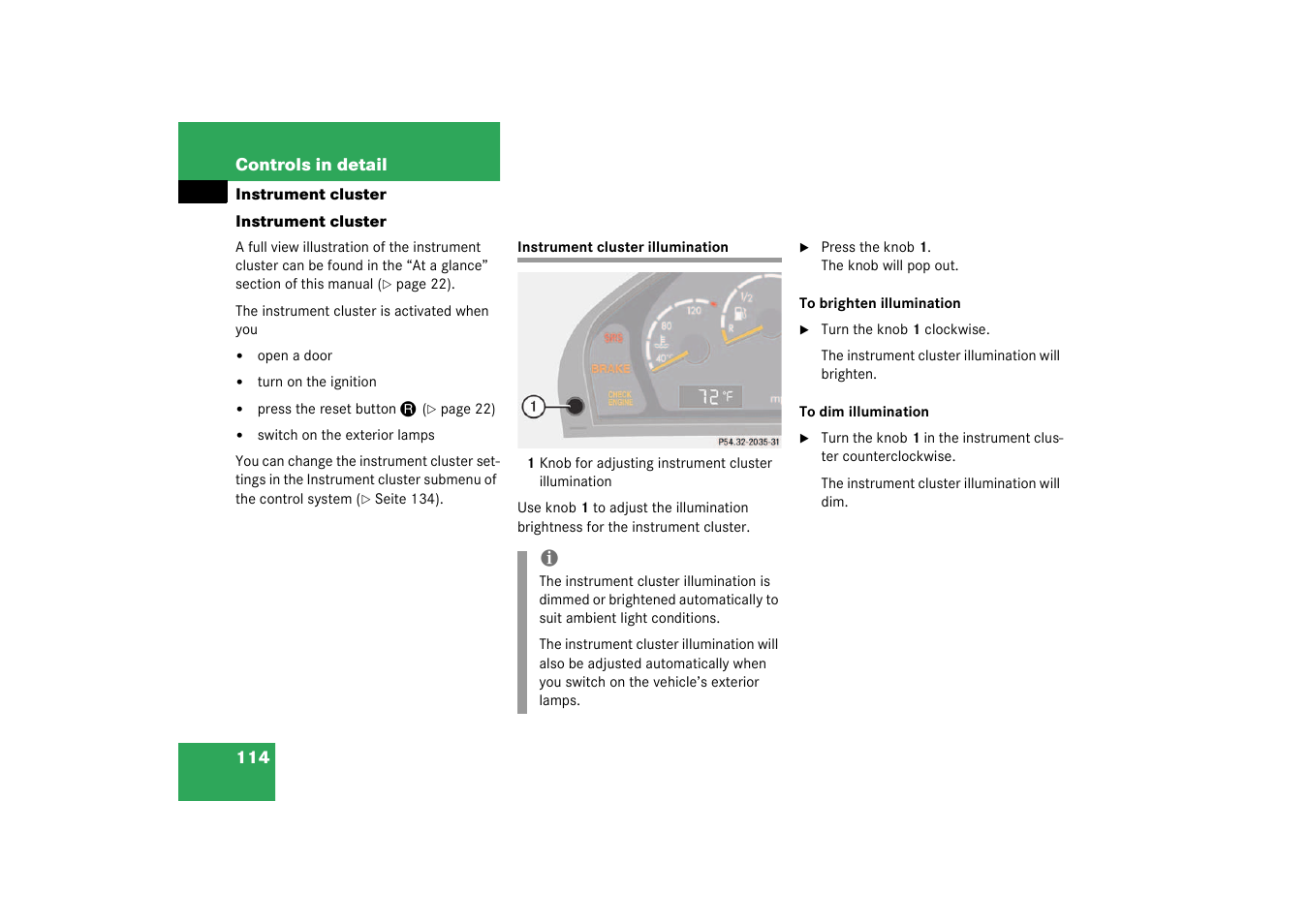 Instrument cluster, Instrument cluster illumination | Mercedes-Benz 2003 CL 500 User Manual | Page 114 / 384