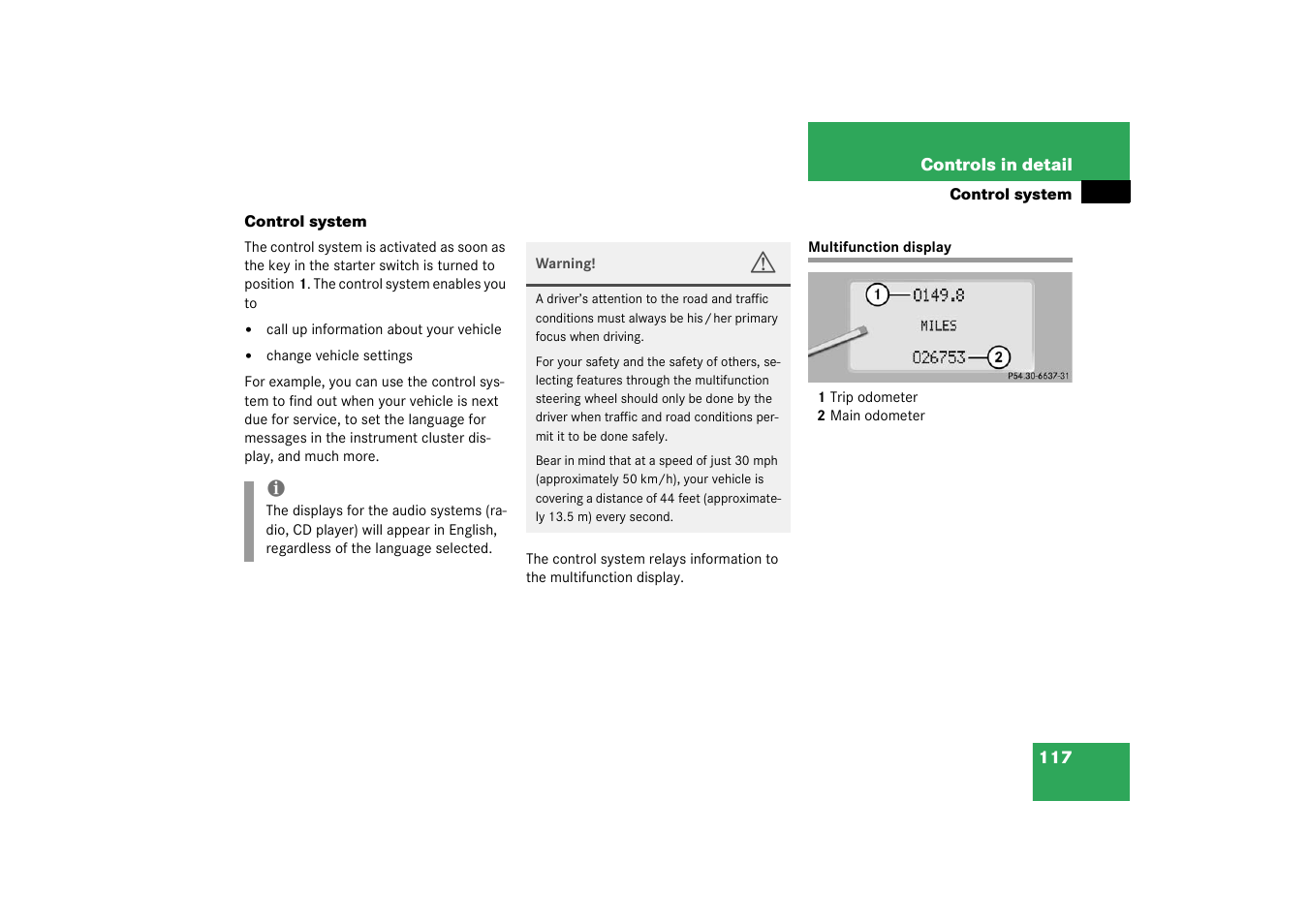 Control system, Multifunction display | Mercedes-Benz 2003 CL 500 User Manual | Page 117 / 384