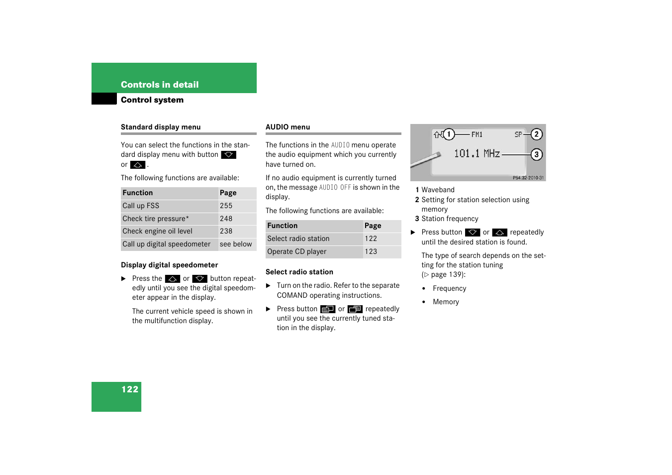 Menus:audio;control system:audio menu;audio menu, Standard display menu audio menu | Mercedes-Benz 2003 CL 500 User Manual | Page 122 / 384