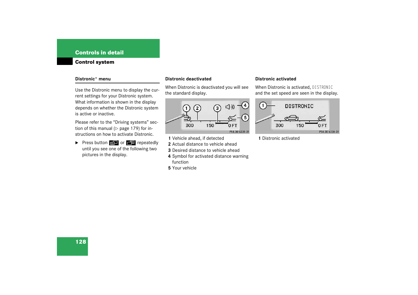 Distronic* menu | Mercedes-Benz 2003 CL 500 User Manual | Page 128 / 384