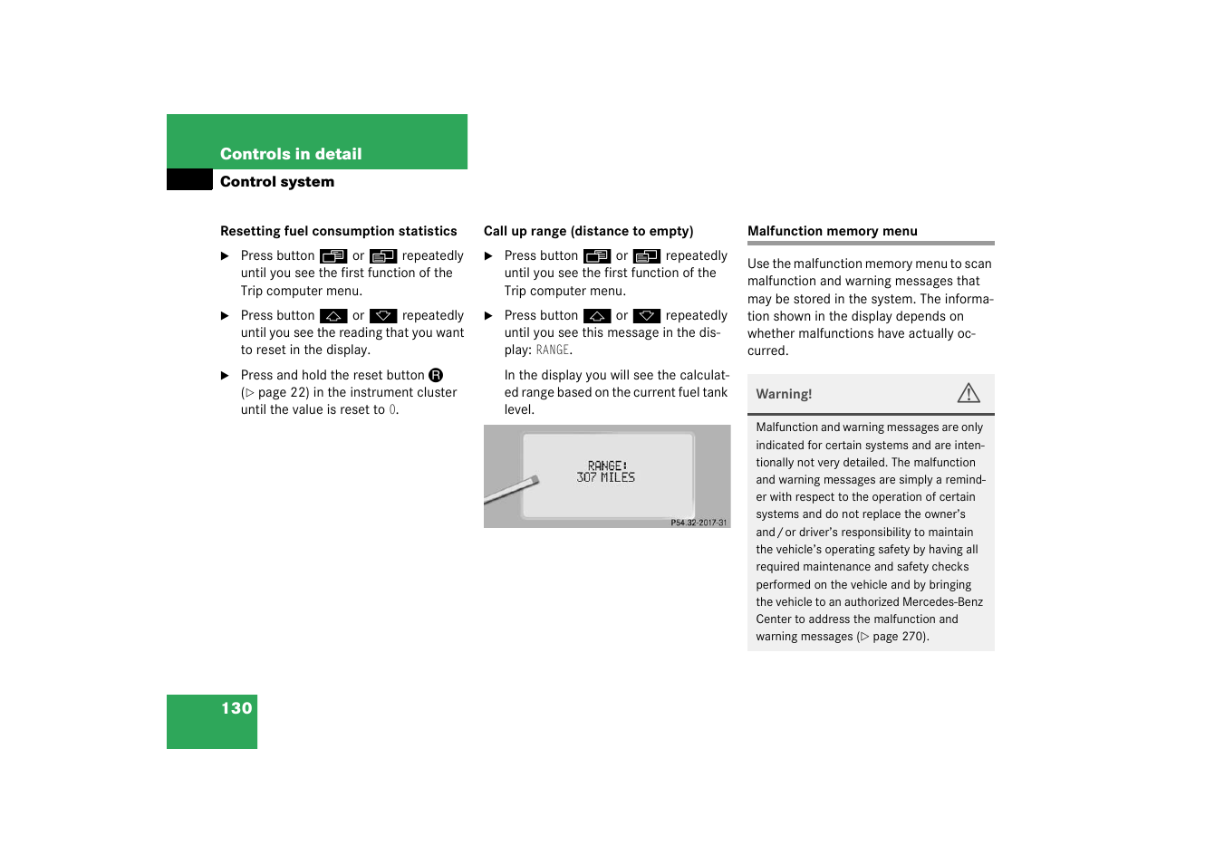 Malfunction memory menu | Mercedes-Benz 2003 CL 500 User Manual | Page 130 / 384