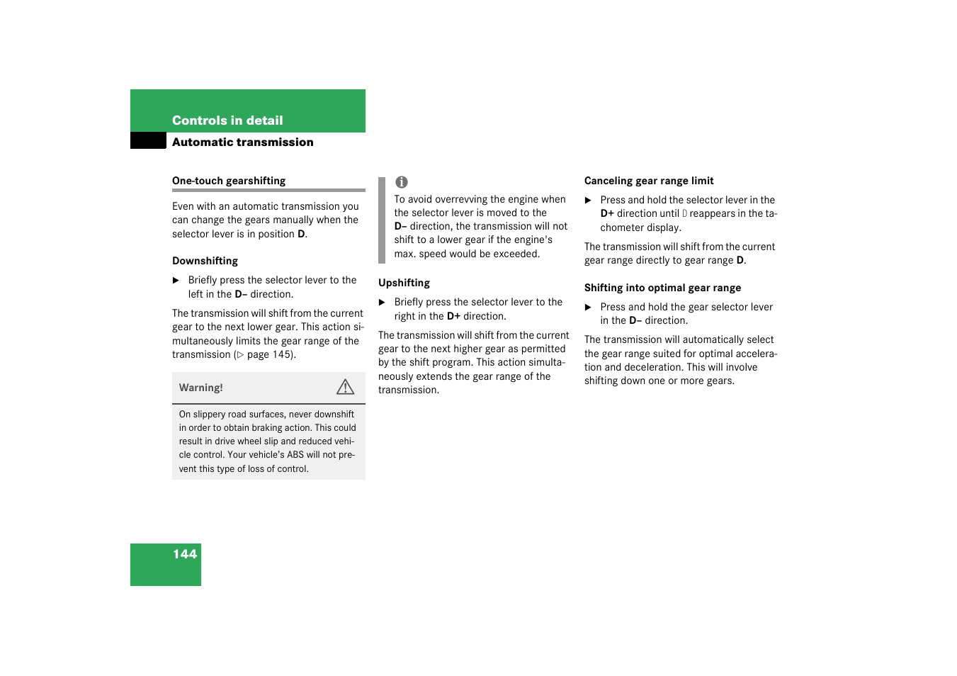 One-touch gearshifting | Mercedes-Benz 2003 CL 500 User Manual | Page 144 / 384
