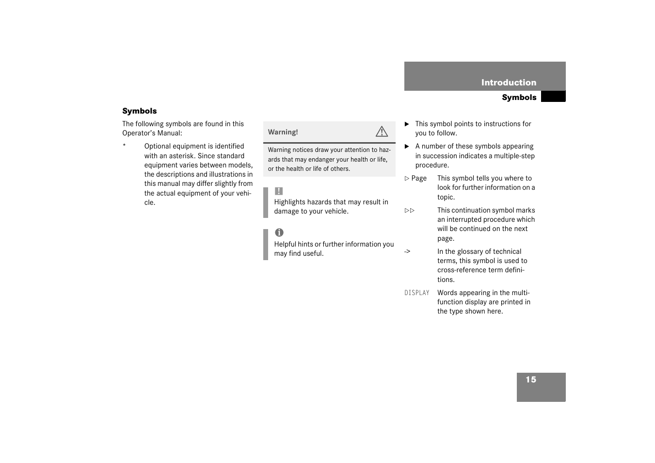 Symbols | Mercedes-Benz 2003 CL 500 User Manual | Page 15 / 384