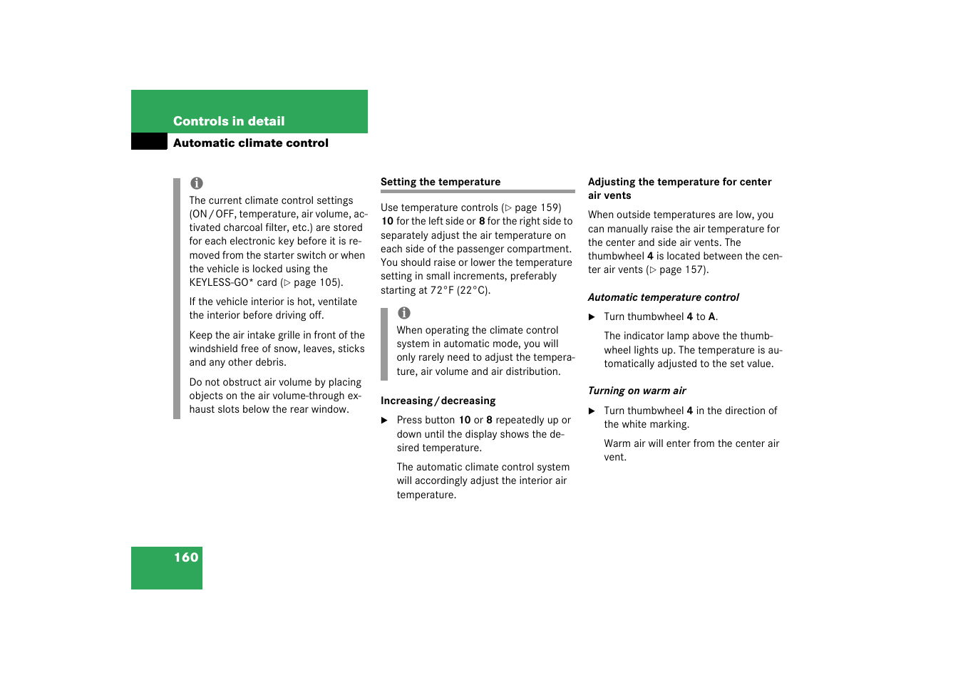 Setting the temperature | Mercedes-Benz 2003 CL 500 User Manual | Page 160 / 384