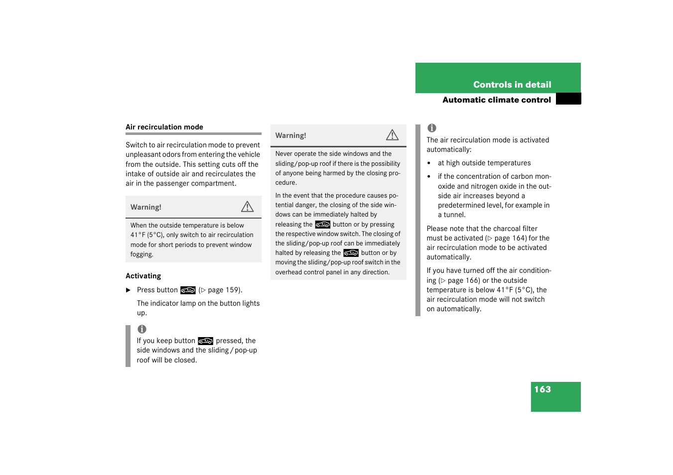 Air recirculation mode | Mercedes-Benz 2003 CL 500 User Manual | Page 163 / 384