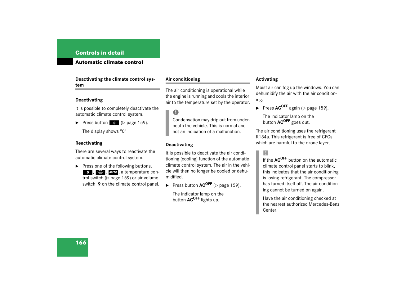 Deactivating the climate control system | Mercedes-Benz 2003 CL 500 User Manual | Page 166 / 384