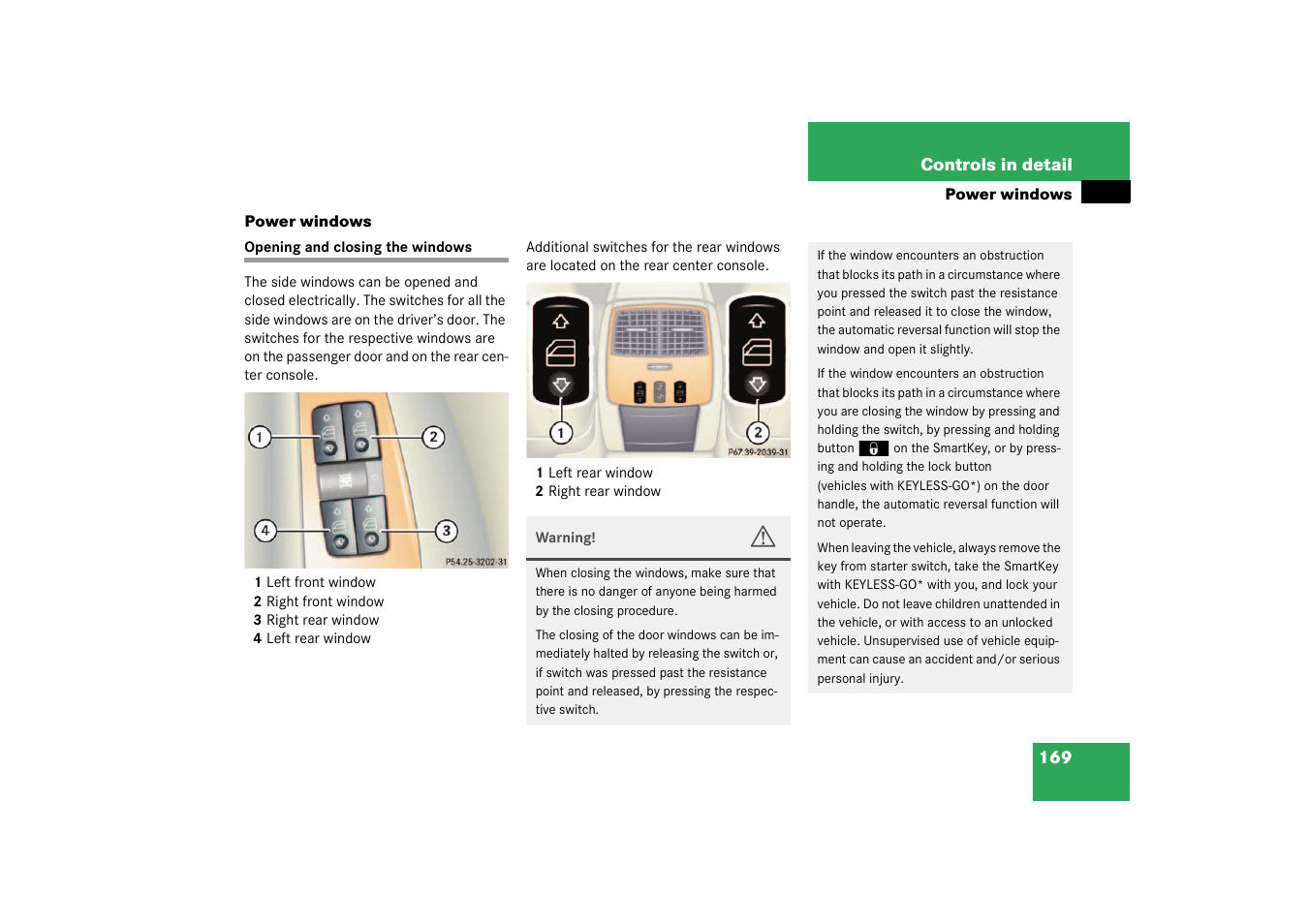 Power windows;power windows:side windows, Power windows, Opening and closing the windows | Mercedes-Benz 2003 CL 500 User Manual | Page 169 / 384