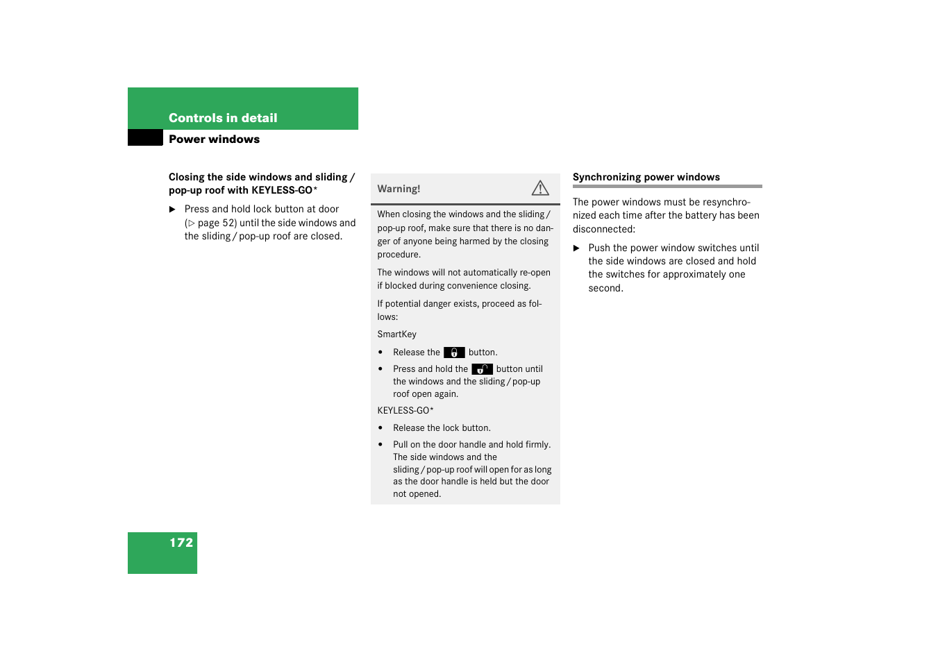 Synchronizing power windows | Mercedes-Benz 2003 CL 500 User Manual | Page 172 / 384