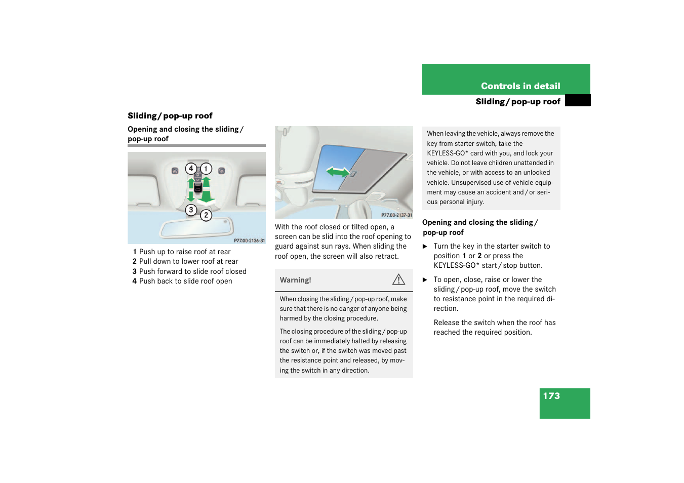 Sliding/pop-up roof, Opening and closing the sliding/pop-up roof | Mercedes-Benz 2003 CL 500 User Manual | Page 173 / 384