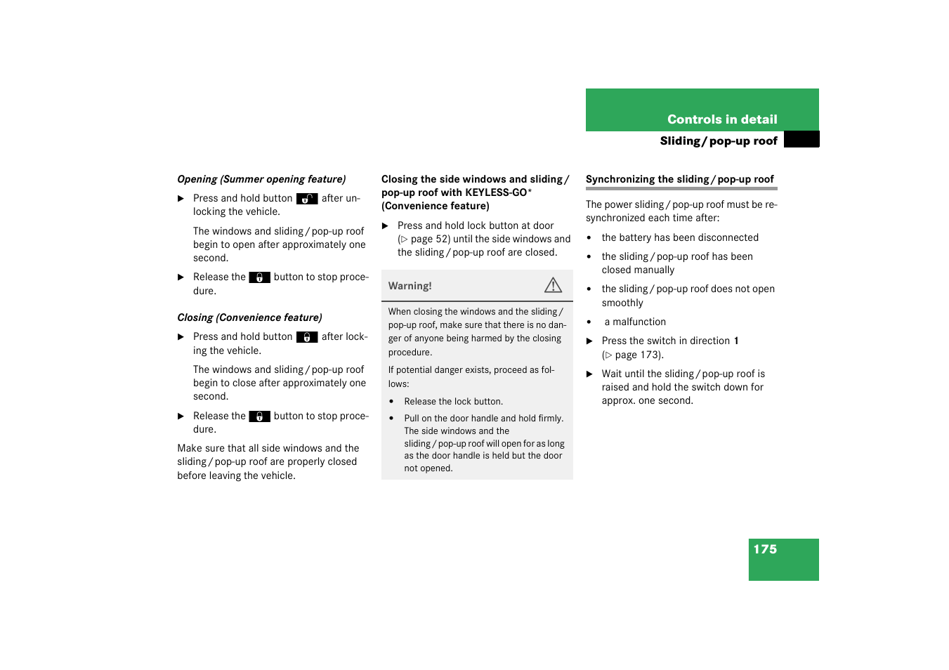 Synchronizing the sliding/pop-up roof | Mercedes-Benz 2003 CL 500 User Manual | Page 175 / 384