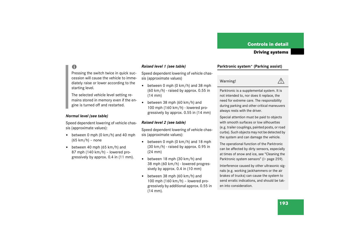 Parktronic*;driving systems:parktronic, Parktronic system* (parking assist) | Mercedes-Benz 2003 CL 500 User Manual | Page 193 / 384