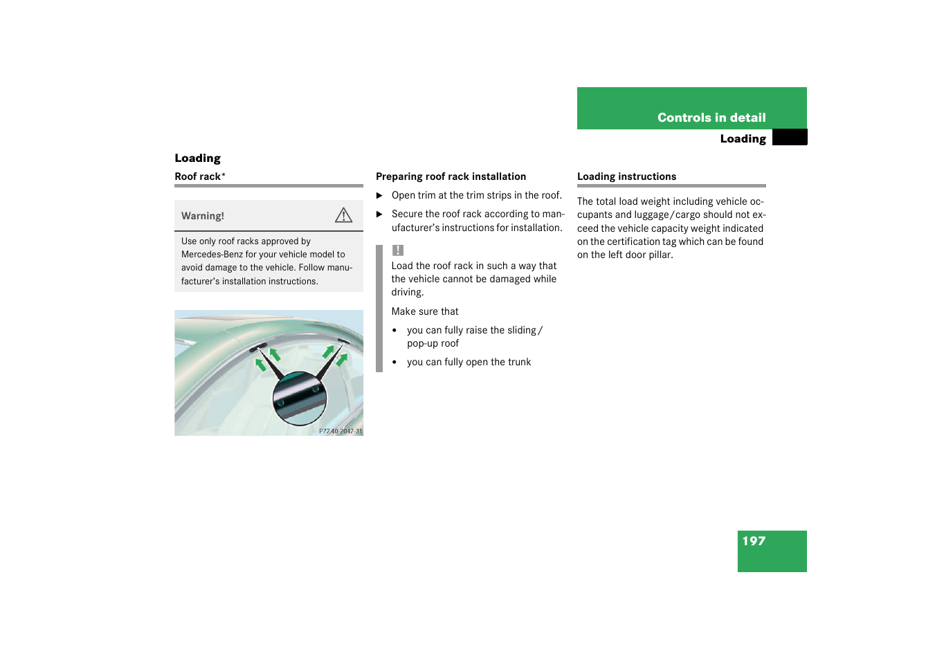 Loading, Roof rack;loading:roof rack, Loading:instructions | Roof rack* loading instructions | Mercedes-Benz 2003 CL 500 User Manual | Page 197 / 384