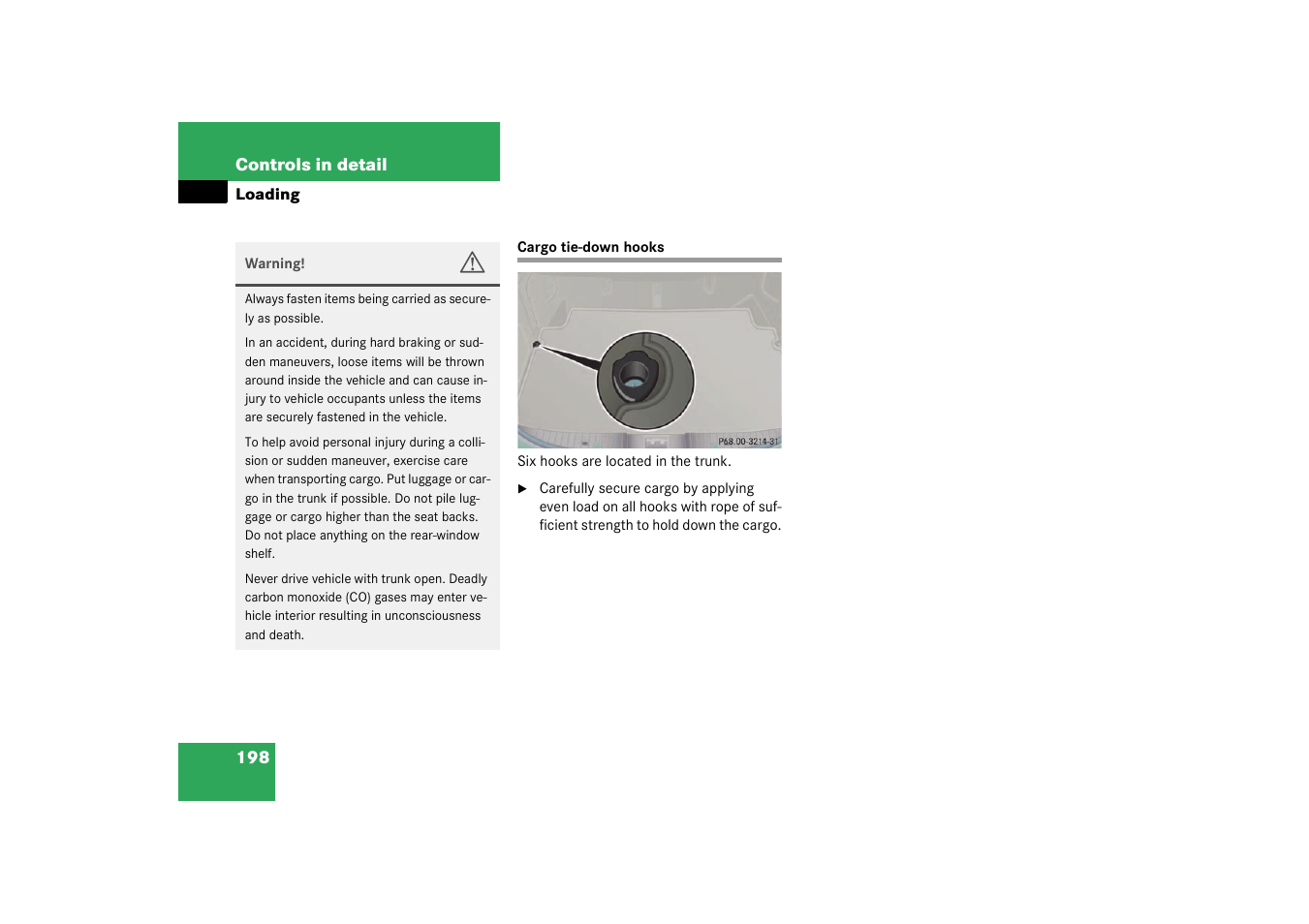Cargo tie-down hooks | Mercedes-Benz 2003 CL 500 User Manual | Page 198 / 384