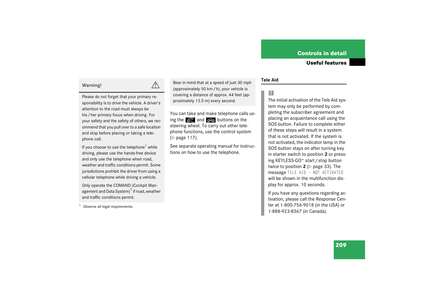 Tele aid;useful features:tele aid, Tele aid | Mercedes-Benz 2003 CL 500 User Manual | Page 209 / 384