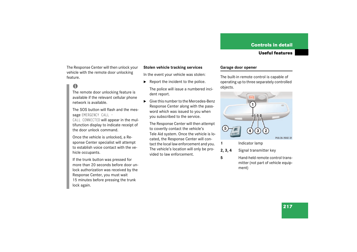 Garage door opener | Mercedes-Benz 2003 CL 500 User Manual | Page 217 / 384