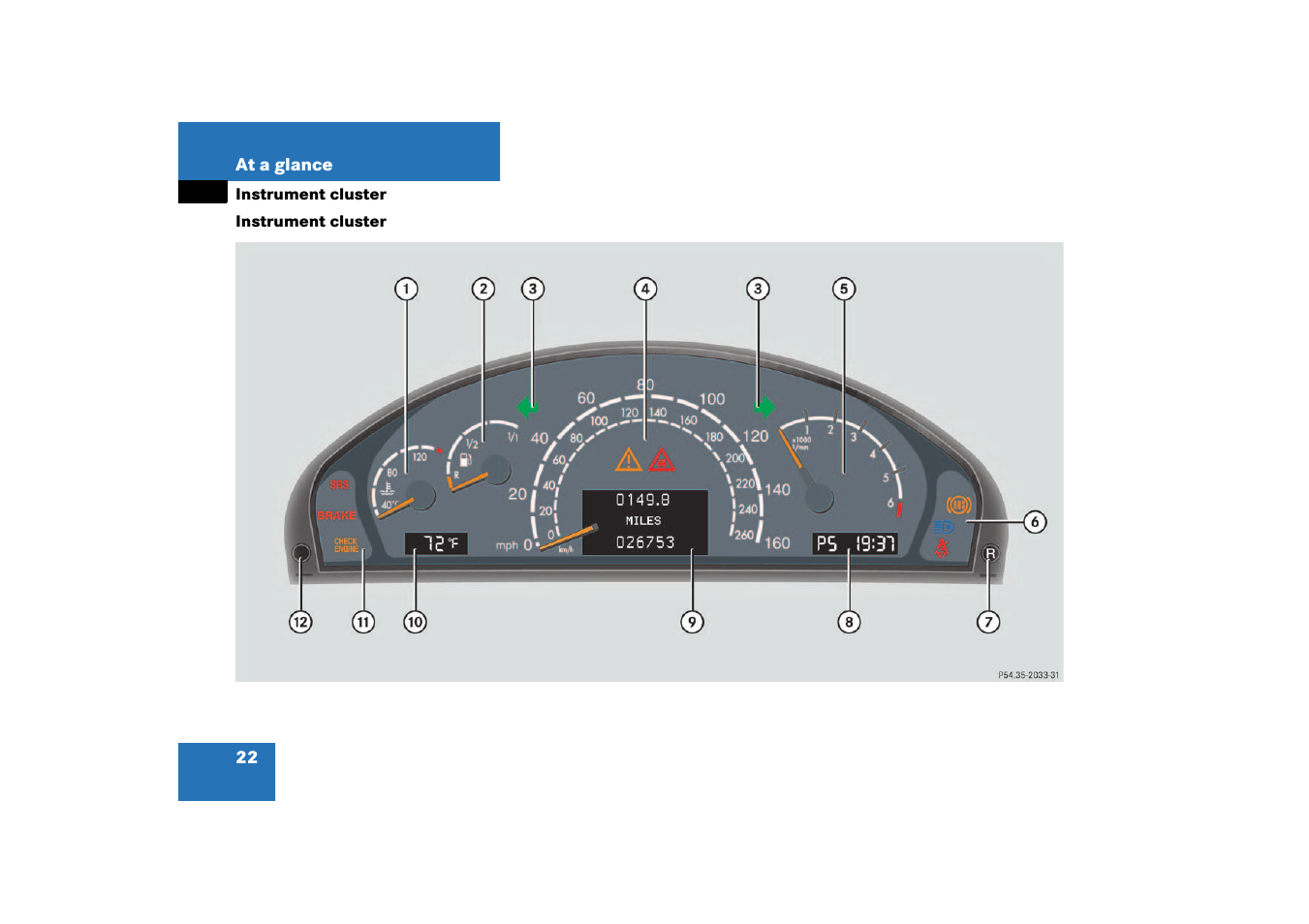 Instrument cluster | Mercedes-Benz 2003 CL 500 User Manual | Page 22 / 384