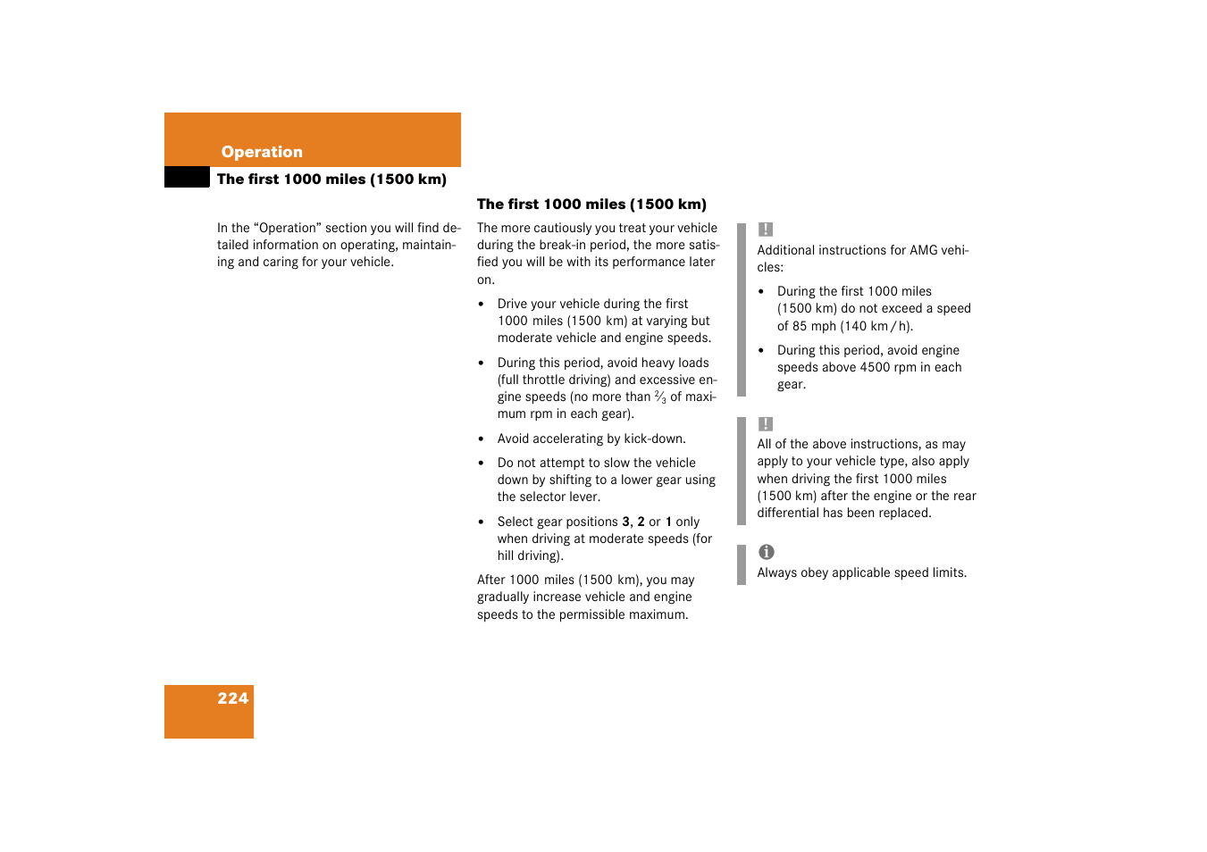 The first 1000 miles (1500 km) | Mercedes-Benz 2003 CL 500 User Manual | Page 224 / 384