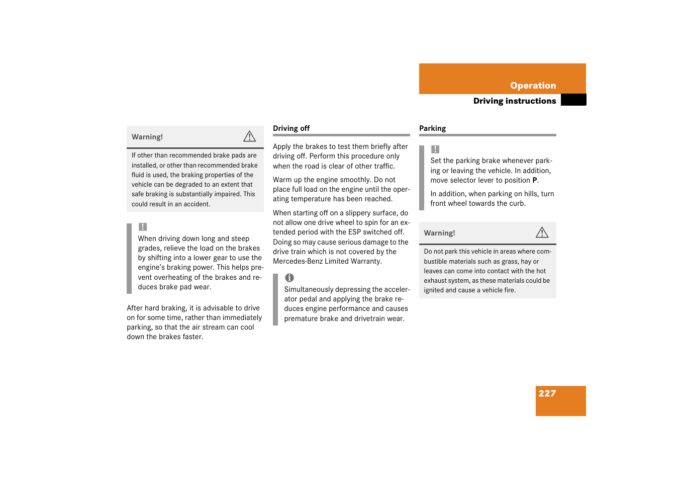 Driving off, Parking, Driving off parking | Mercedes-Benz 2003 CL 500 User Manual | Page 227 / 384