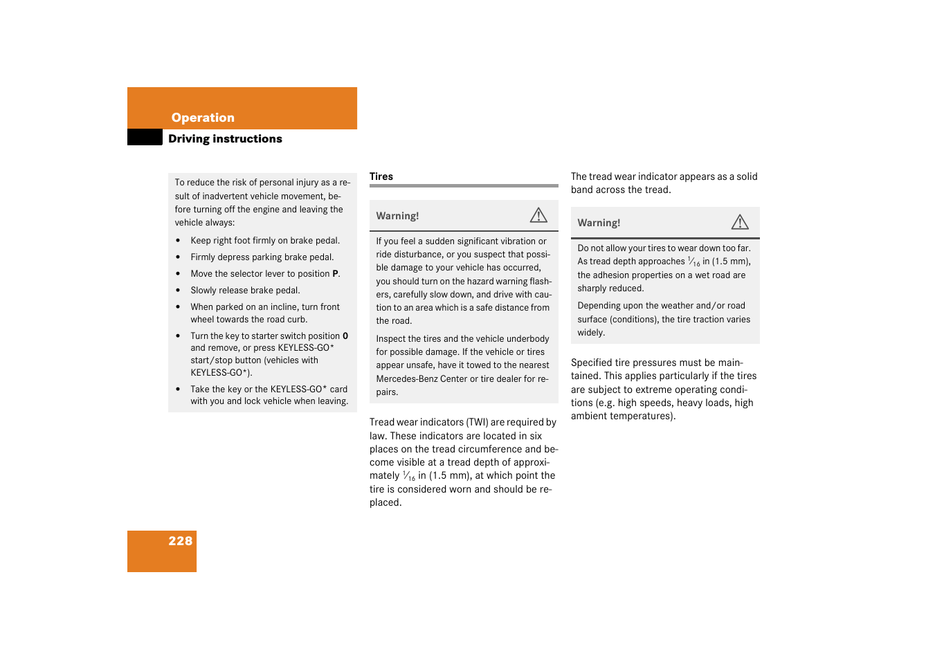 Tires:driving instructions, Tires | Mercedes-Benz 2003 CL 500 User Manual | Page 228 / 384