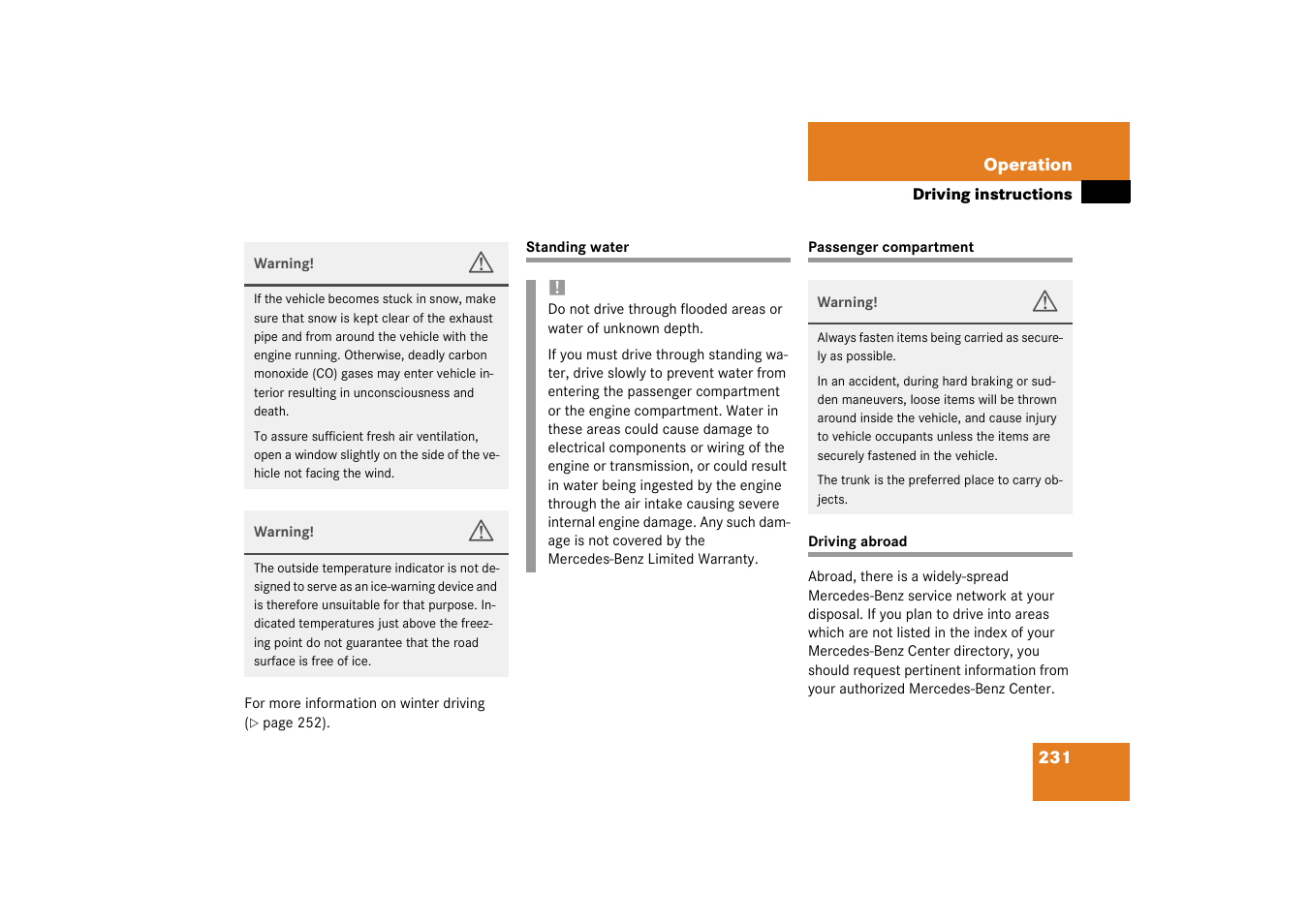 Passenger compartment, Driving abroad;driving:abroad | Mercedes-Benz 2003 CL 500 User Manual | Page 231 / 384