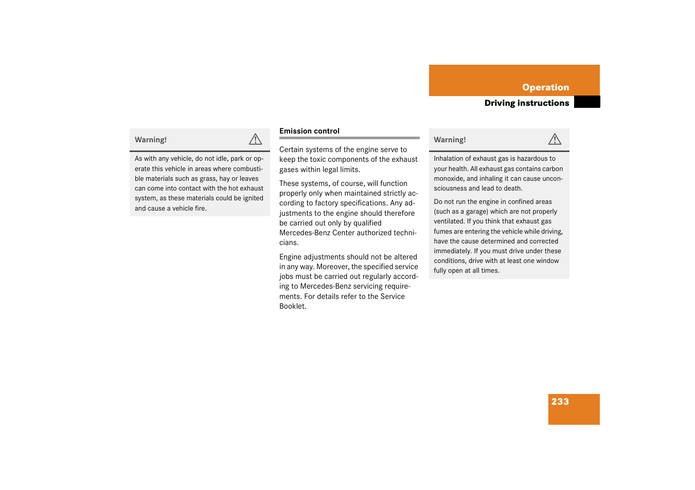 Emission control | Mercedes-Benz 2003 CL 500 User Manual | Page 233 / 384