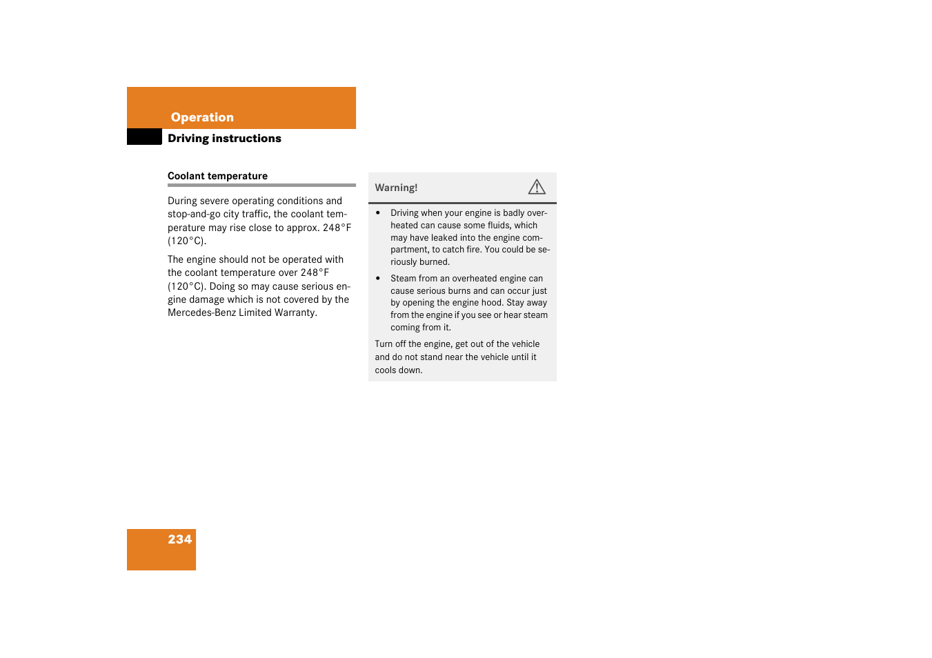 Coolant:temperature, Coolant temperature | Mercedes-Benz 2003 CL 500 User Manual | Page 234 / 384