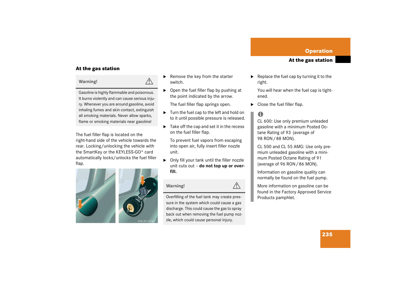 At the gas station | Mercedes-Benz 2003 CL 500 User Manual | Page 235 / 384