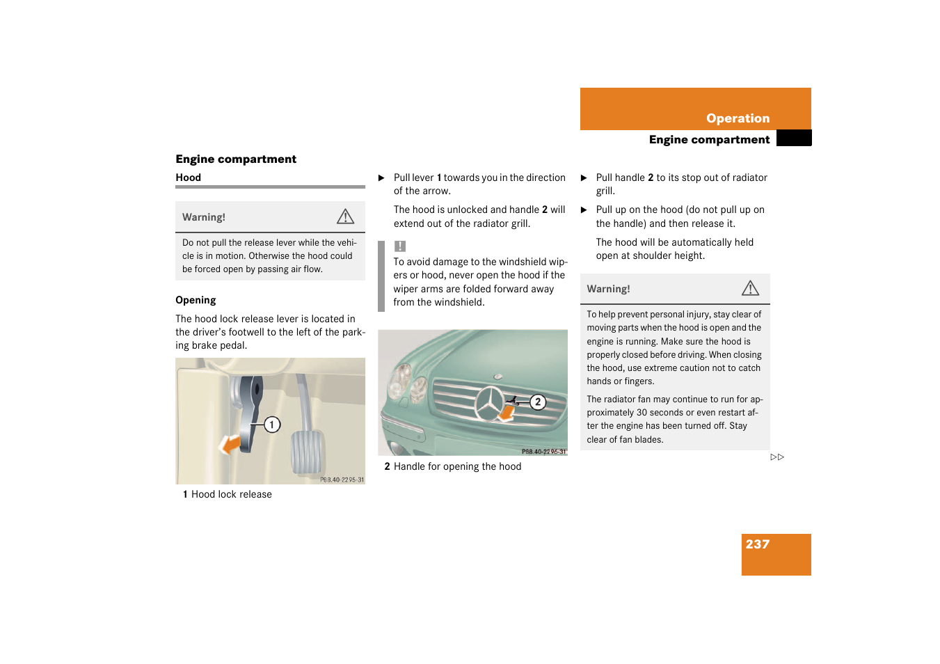 Engine:compartment;engine compartment, Hood;engine compartment:hood;hood:opening, Engine compartment | Hood | Mercedes-Benz 2003 CL 500 User Manual | Page 237 / 384