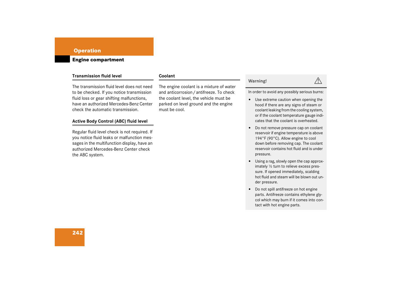 Active body control (abc) fluid level | Mercedes-Benz 2003 CL 500 User Manual | Page 242 / 384