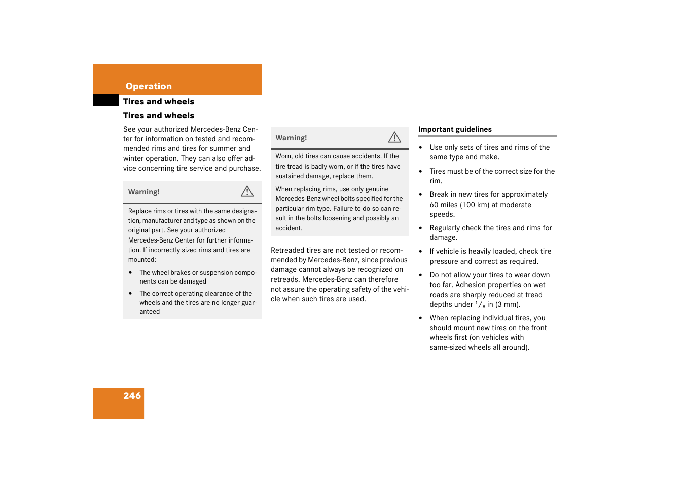 Tires;wheels:tires and wheels, Important guidelines, Tires and wheels | Mercedes-Benz 2003 CL 500 User Manual | Page 246 / 384