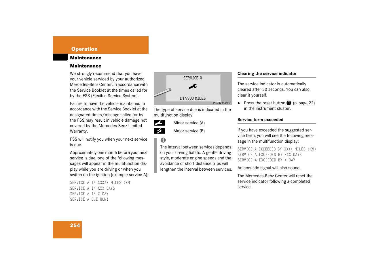 Service (maintenance), Service indicator:clearing, Service:overdue;overdue service;service:types | Maintenance | Mercedes-Benz 2003 CL 500 User Manual | Page 254 / 384