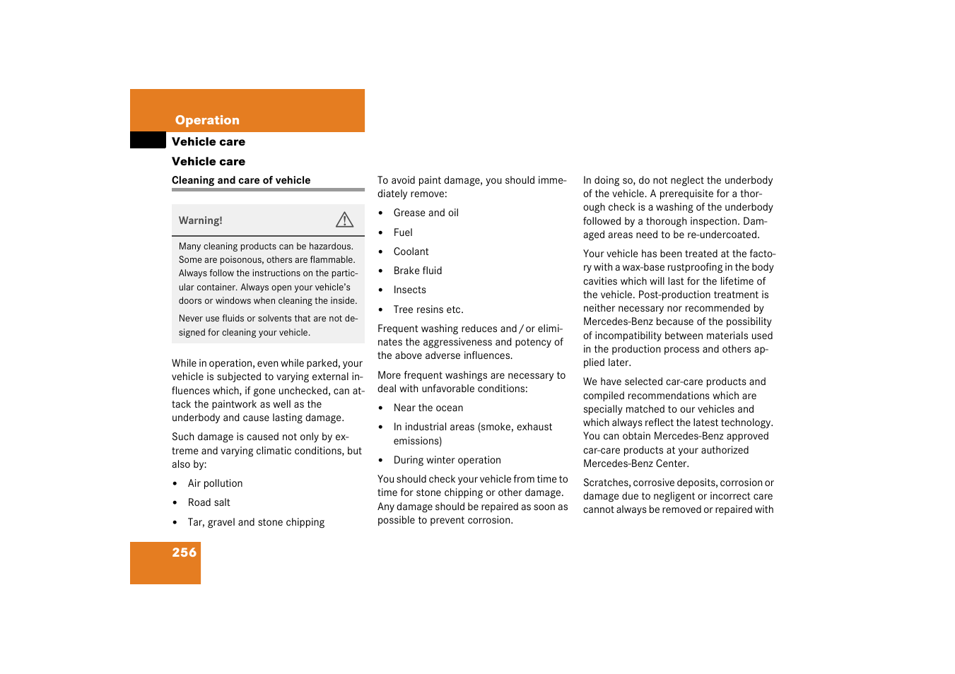 Vehicle care, Washing the vehicle, Cleaning and care of vehicle | Mercedes-Benz 2003 CL 500 User Manual | Page 256 / 384