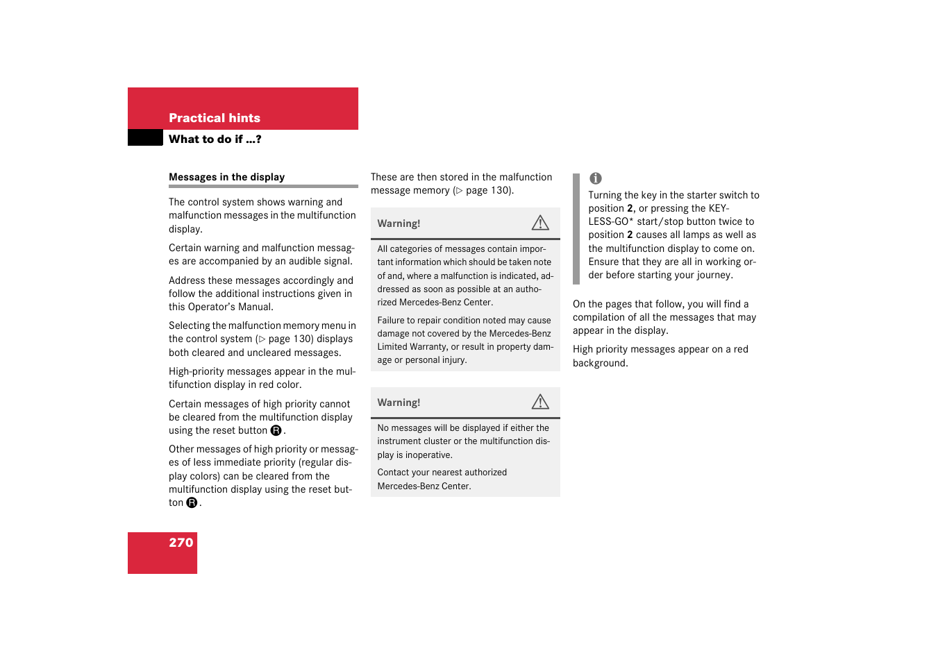 Messages in the display | Mercedes-Benz 2003 CL 500 User Manual | Page 270 / 384