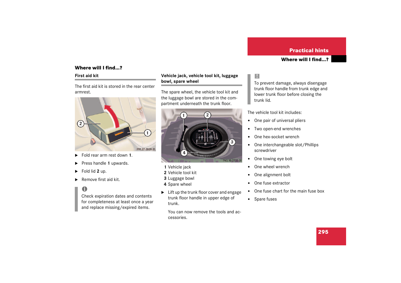 F. where will i find, First aid kit;practical hints:first aid kit, Where will i find | Mercedes-Benz 2003 CL 500 User Manual | Page 295 / 384