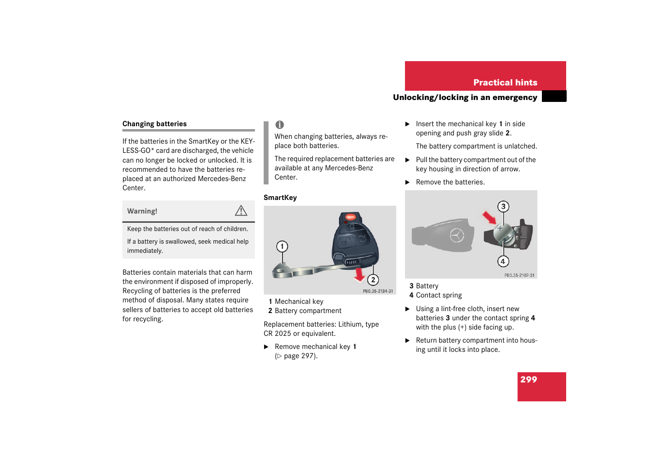 Changing batteries | Mercedes-Benz 2003 CL 500 User Manual | Page 299 / 384