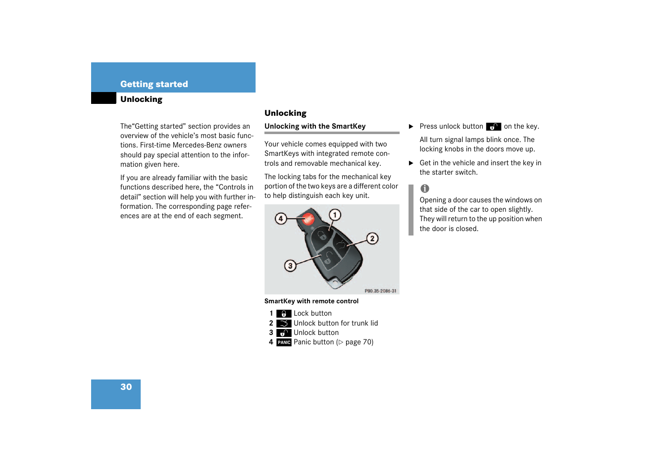 Unlocking, Unlocking with the smartkey | Mercedes-Benz 2003 CL 500 User Manual | Page 30 / 384