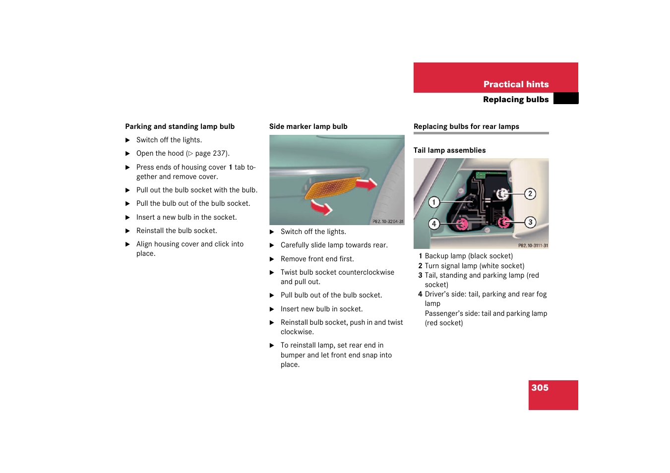 Replacing bulbs for rear lamps | Mercedes-Benz 2003 CL 500 User Manual | Page 305 / 384
