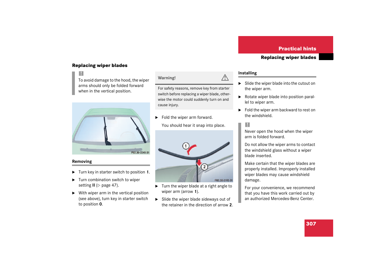 Removing, Wiper blades:installing;installing:wiper blades, Replacing wiper blades | Removing installing | Mercedes-Benz 2003 CL 500 User Manual | Page 307 / 384