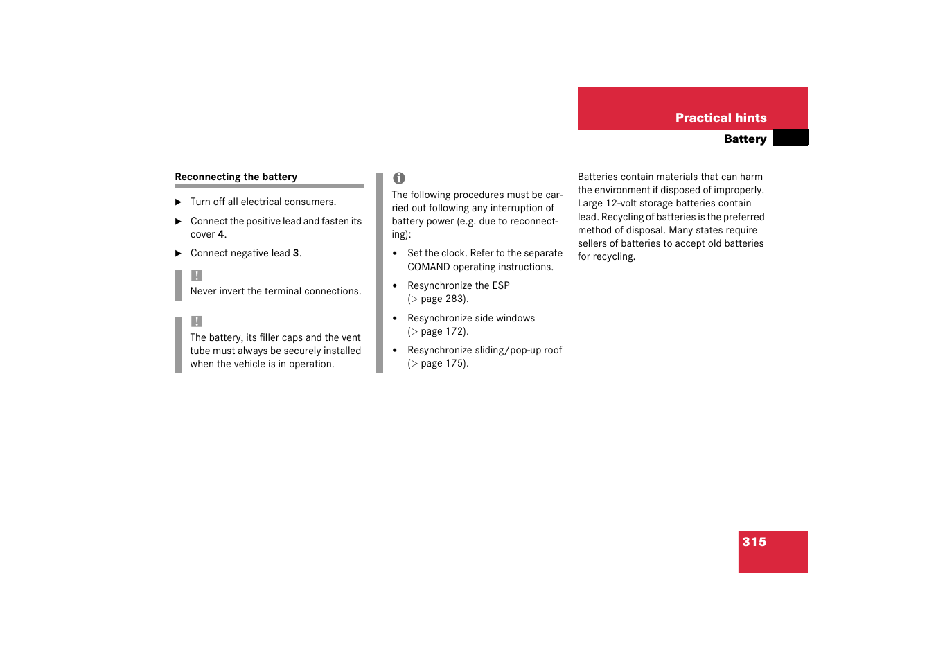 Reconnecting the battery | Mercedes-Benz 2003 CL 500 User Manual | Page 315 / 384