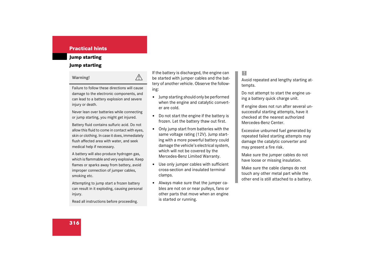 Jump starting | Mercedes-Benz 2003 CL 500 User Manual | Page 316 / 384