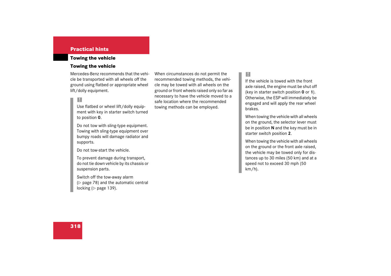 Towing the vehicle;vehicle:towing, Towing the vehicle | Mercedes-Benz 2003 CL 500 User Manual | Page 318 / 384