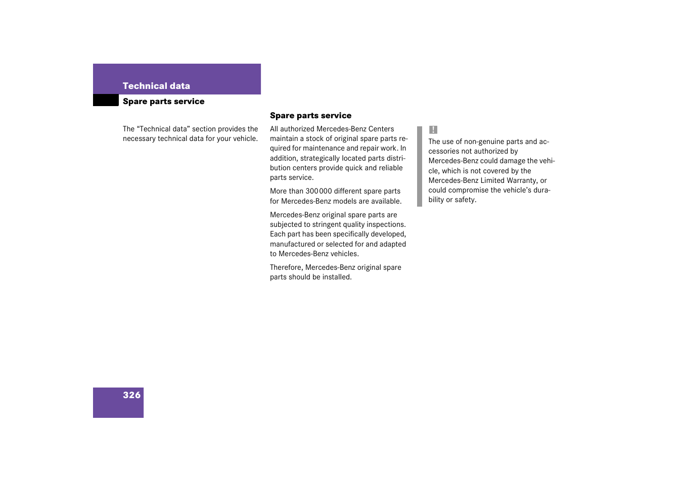Spare parts service | Mercedes-Benz 2003 CL 500 User Manual | Page 326 / 384