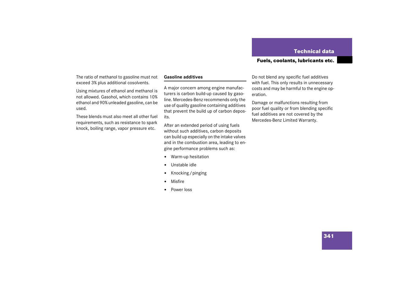 Gasoline additives | Mercedes-Benz 2003 CL 500 User Manual | Page 341 / 384