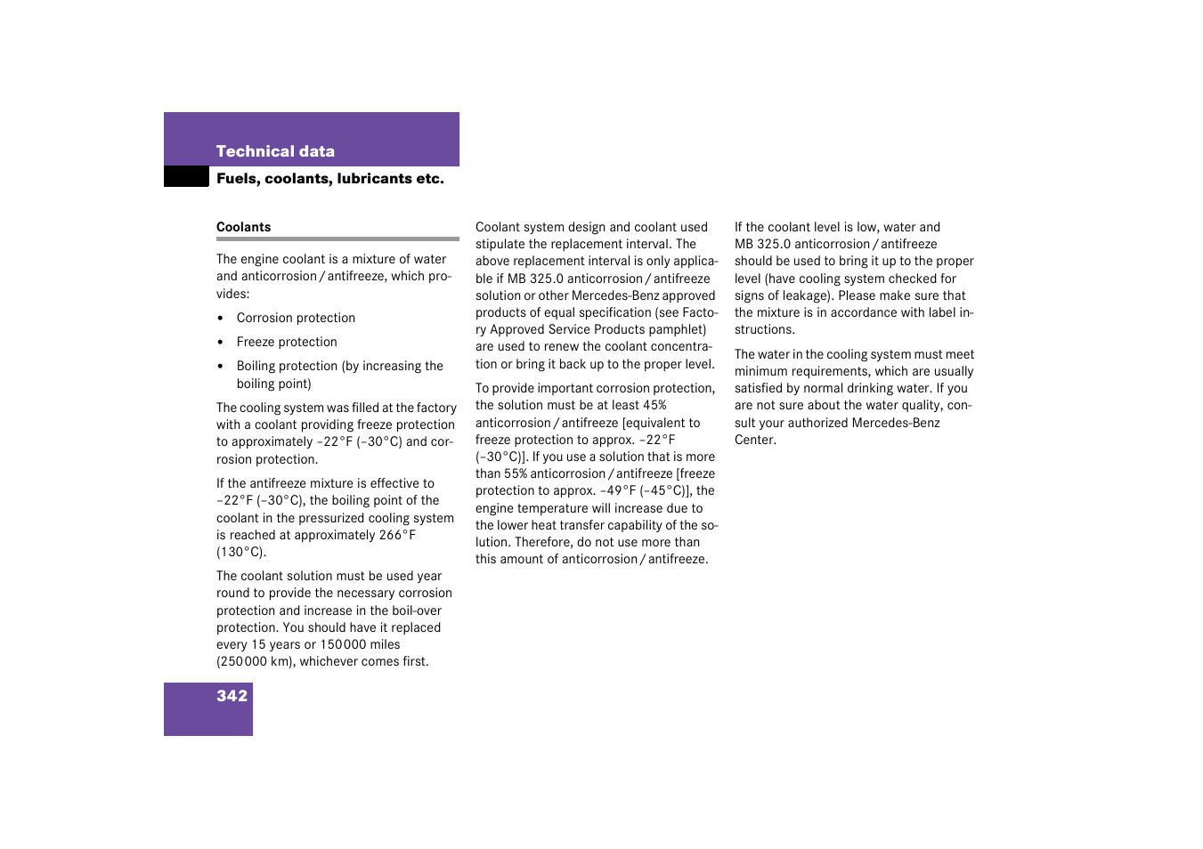 F. operation/engine compartment/coolants, Coolants | Mercedes-Benz 2003 CL 500 User Manual | Page 342 / 384