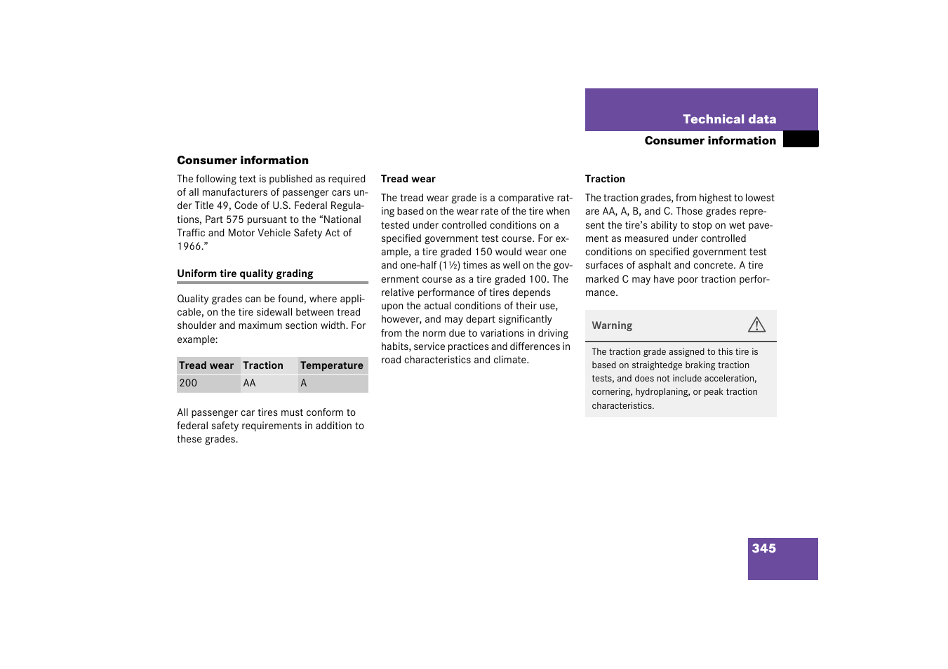 Consumer information, Uniform tire quality grading | Mercedes-Benz 2003 CL 500 User Manual | Page 345 / 384