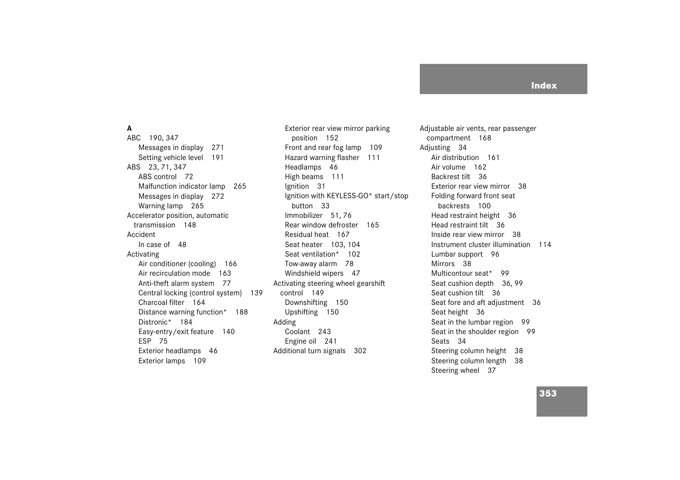 Index | Mercedes-Benz 2003 CL 500 User Manual | Page 353 / 384