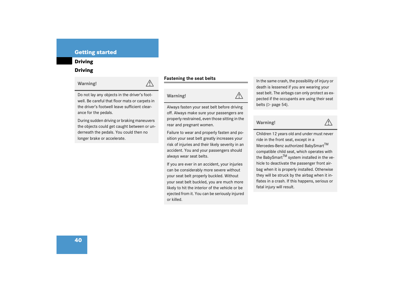 Driving:general instructions, Driving, Fastening the seat belts | Mercedes-Benz 2003 CL 500 User Manual | Page 40 / 384