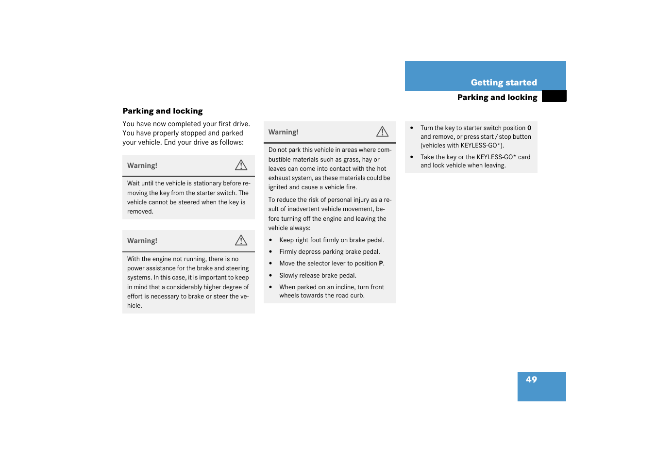 Parking;locking, Parking and locking | Mercedes-Benz 2003 CL 500 User Manual | Page 49 / 384