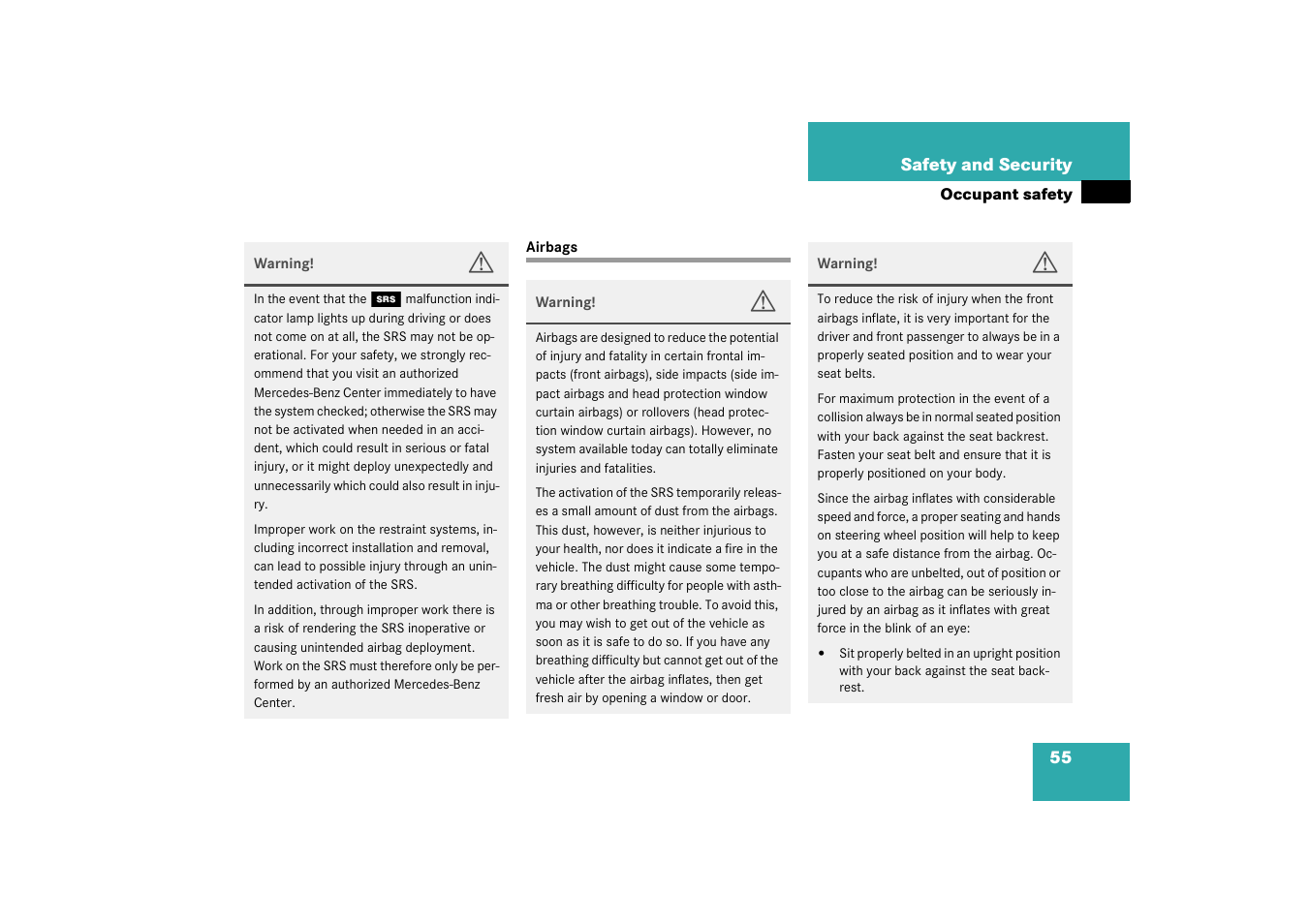 Airbags;occupant safety:airbags, Airbags | Mercedes-Benz 2003 CL 500 User Manual | Page 55 / 384