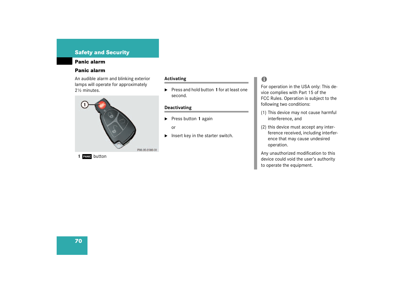 Panic alarm;panic alarm:panic button on smartkey, Activating, Deactivating | Panic alarm, Activating deactivating | Mercedes-Benz 2003 CL 500 User Manual | Page 70 / 384